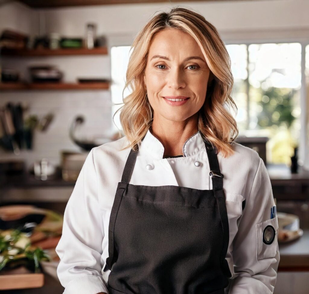 A smiling female chef wearing a white chef's coat and black apron, standing in a bright kitchen with natural light streaming through the windows.