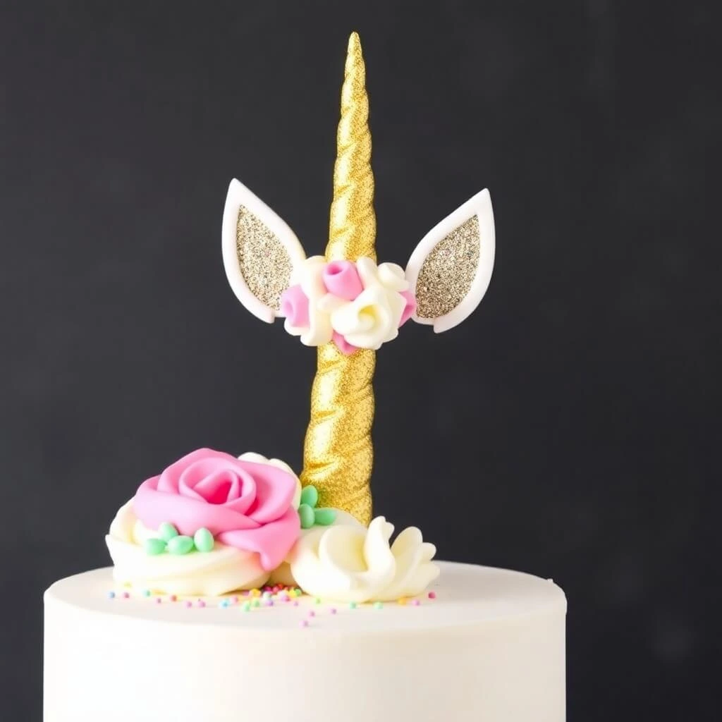 Gold Unicorn Horn and Glitter Ears Cake Topper with Floral Accents