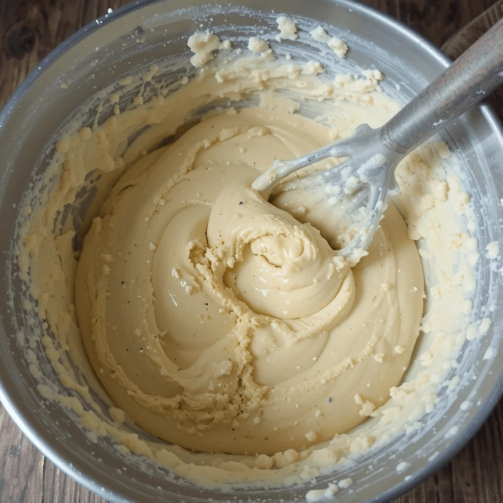 A close-up of creamy mashed potatoes in a stainless steel mixing bowl with a wooden-handled whisk resting inside.