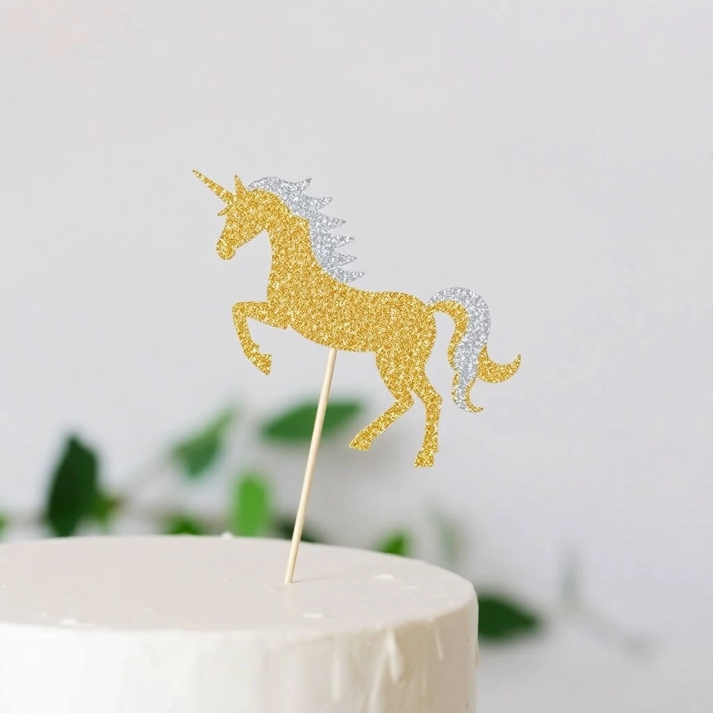 Gold and Silver Glitter Unicorn Cake Topper on a White Cake