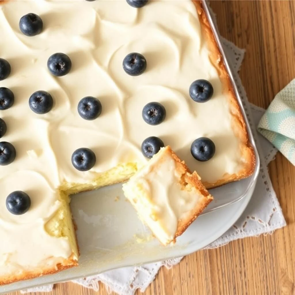 Moist kefir sheet cake topped with creamy frosting and fresh blueberries