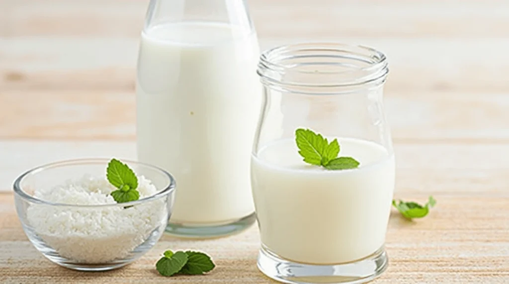 Fresh kefir in jars with a bowl of kefir grains, garnished with mint leaves