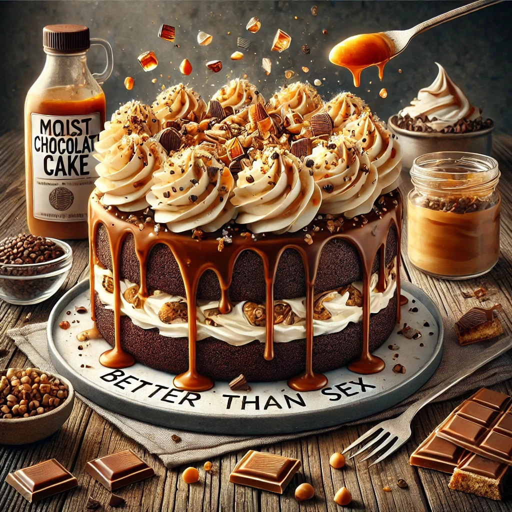 A luxurious chocolate cake decorated with caramel drizzle, whipped cream swirls, and an assortment of candies and chocolate pieces, set on a rustic wooden table with dessert elements surrounding it.