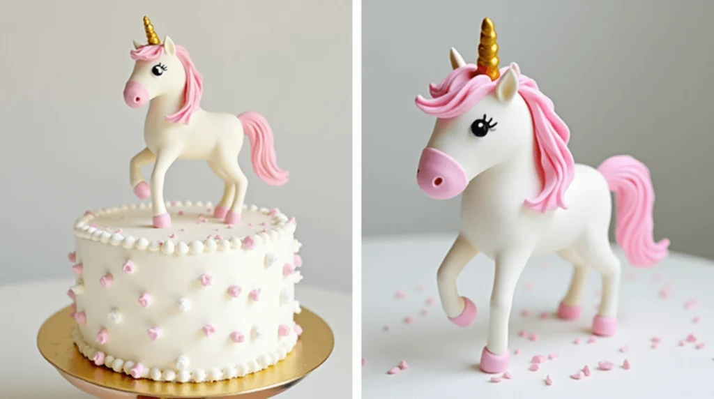 Fondant Unicorn Cake Topper with Pink Mane and Golden Horn